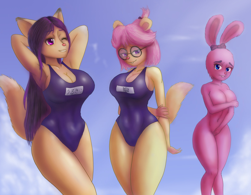 3girls alternate_version_available anthro big_breasts big_hips chinchilla chinchilla_girl cilia_(luiggikart) cilia_(superyinyangyogalaxy) cilia_(woo_foo_battlefield) covering_breasts covering_crotch covering_pussy embarrassed female female_only fox fox_girl furry grown_up luiggikart lusy_foxx_(luiggikart) lusy_foxx_(superyinyangyogalaxy) lusy_foxx_(woo_foo_battlefield) naked_female purple_bow rabbit_girl saf-404 saf404 saf_404 safartwoks safartworks school_swimsuit sukumizu superyinyangyogalaxy woo_foo_battlefield yin_(yin_yang_yo!) yin_yang_yo! yin_yang_yo!_oc