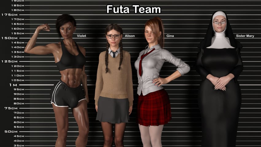 3d 4futas abs age_difference alison_(serge3dx) big_breasts big_penis black_hair blue_eyes braid breast_size_difference breasts brown_hair bulge cardigan chart cleavage comparison dark-skinned_futanari dark_skin english_text fit fit_futanari flexing futa_only futa_with_futa futanari gina_(serge3dx) glasses group hand_on_hip height_chart huge_cock large_breasts large_penis light-skinned_futanari light_skin lineup long_hair looking_at_viewer mary_(serge3dx) mature_futa medium_breasts mole multiple_futa muscular muscular_futanari navel necktie nerd nerdy_female nose_piercing nun nun&#039;s_habit obliques own_hands_together pantyhose plaid plaid_skirt ponytail school_uniform serge3dx short_hair short_shorts shorts skirt smile sports_bra sportswear student sweater twin_braids twintails violet_(serge3dx)