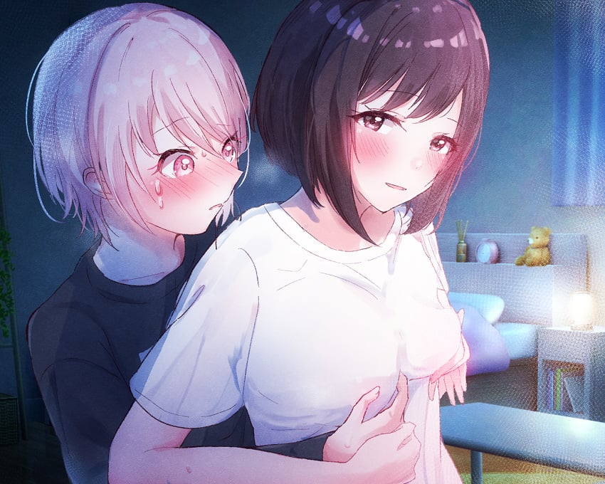 1girls 1other akiyama_mizuki bed bedroom blush blushing_at_partner breast_grab breasts brown_hair clothed female groping groping_breasts groping_from_behind konoe_(artist) looking_at_partner pink_eyes pink_hair project_sekai shinonome_ena smile smiling smiling_at_another wholesome