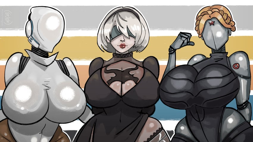 3girls android ass atomic_heart big_breasts blindfold boob_window breasts breasts_bigger_than_head crossover curvy curvy_female curvy_figure cyborg cyborg_girl dark_skin dress eastern_and_western_character eyeless eyeless_female faceless faceless_female female female_focus female_only female_robot girl_only glossy gynoid haydee haydee_(game) huge_breasts humanoid large_breasts lips lipstick metal metallic_body mister_feelgood mole_under_mouth multiple_girls mundfish nier nier:_automata nier_(series) right_(atomic_heart) robot robot_girl robot_humanoid short_hair skirt stockings tanned_skin the_twins_(atomic_heart) thick thick_ass thick_thighs tight_clothes tight_clothing trio trio_focus voluptuous voluptuous_female white_hair white_skin wide_hips yorha_2b