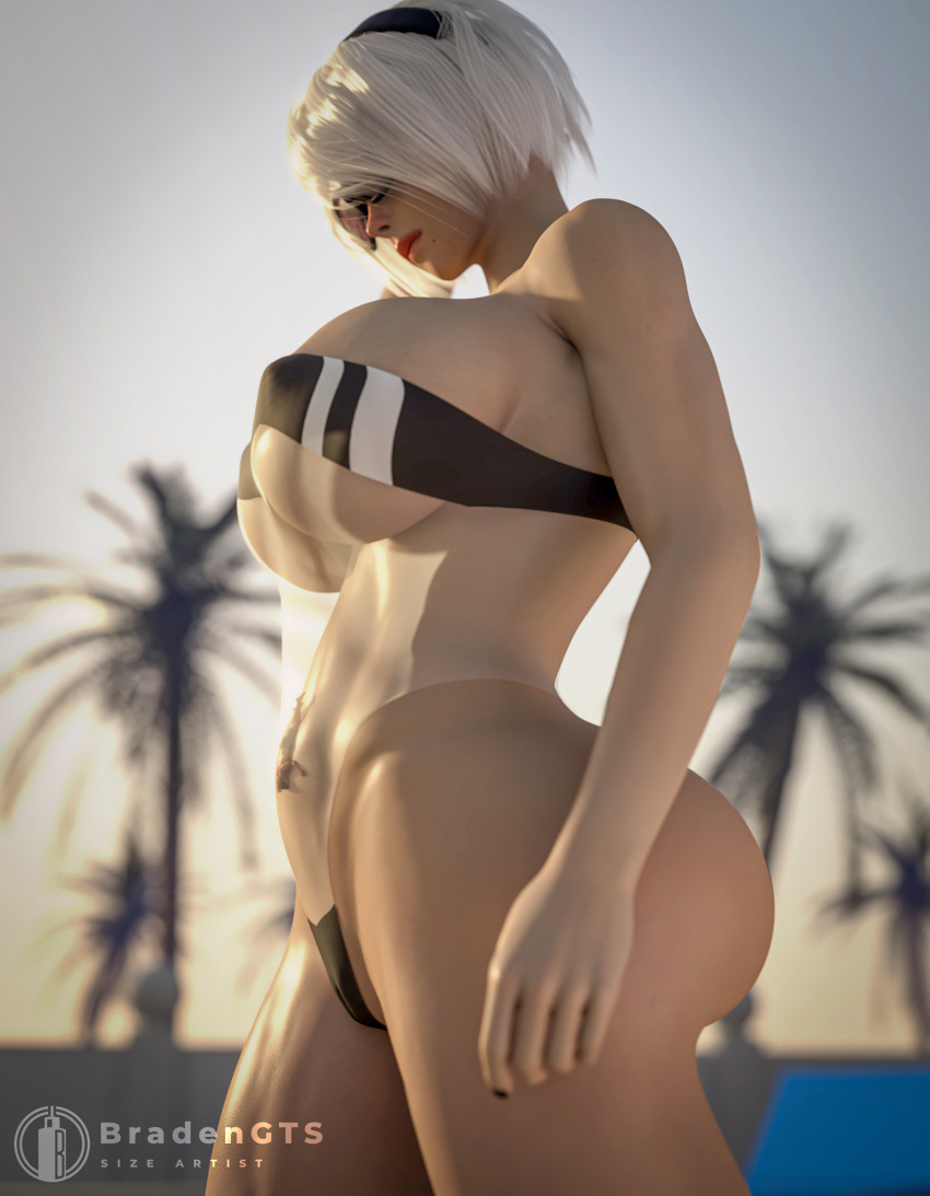 1boy 1girls 3d ass big_ass big_breasts bradengts breasts female female_focus giantess hairband huge_breasts light-skinned_female light-skinned_male light_skin male micro nier nier:_automata nier_(series) see-through see-through_clothing short_hair size_difference swimsuit white_hair yorha_2b