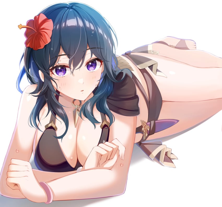 1girls alternate_costume bare_arms bare_shoulders bikini black_bikini black_swimsuit blue_hair breasts byleth_(female)_(fire_emblem) byleth_(female)_(summer)_(fire_emblem) byleth_(fire_emblem) byleth_(fire_emblem)_(female) commentary female female_only fire_emblem fire_emblem:_three_houses fire_emblem_heroes flower highres large_breasts long_hair looking_at_viewer nintendo official_alternate_costume parted_lips purple_eyes red_flower satoimo_chika simple_background solo swimsuit thighs white_background