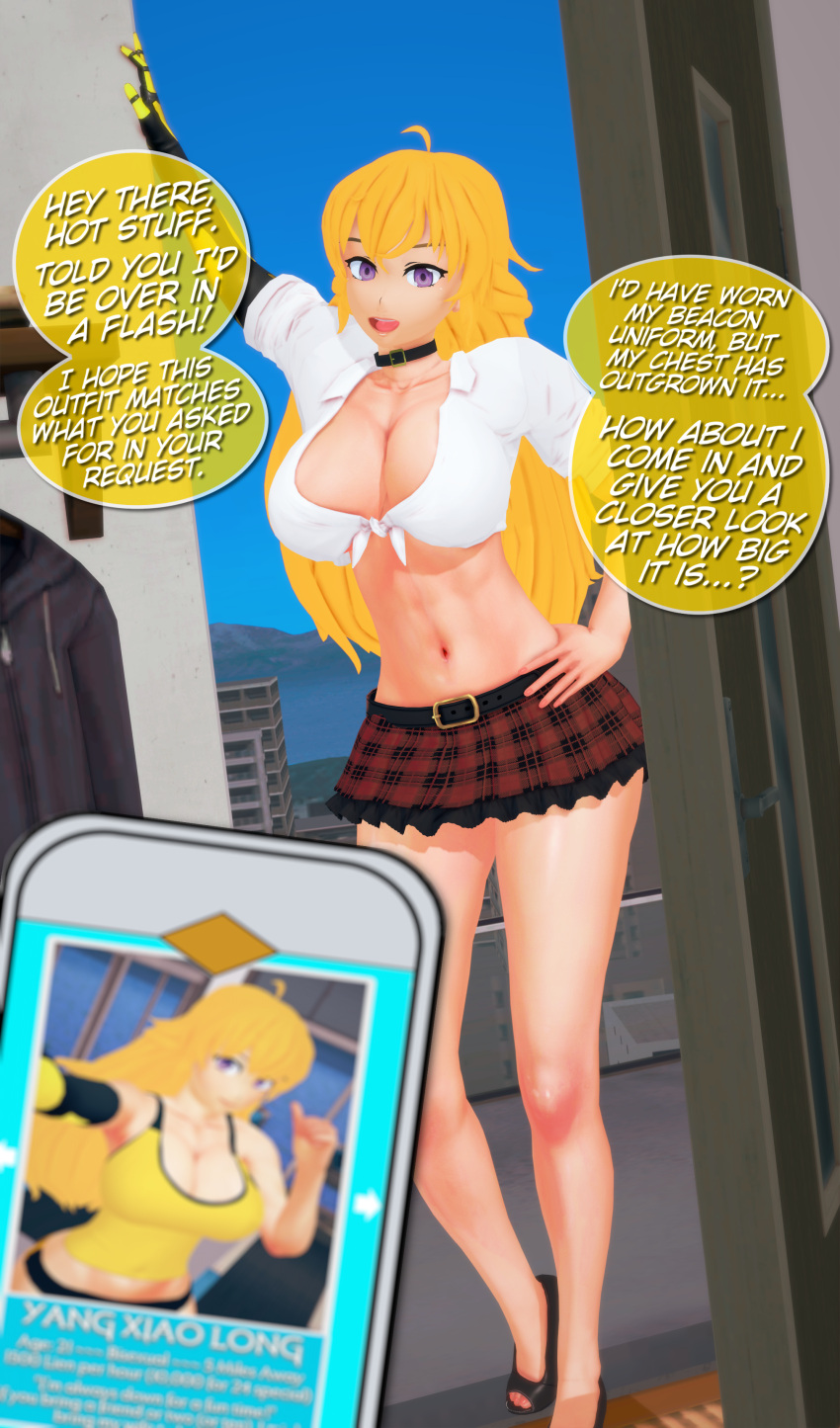 1girls arrancon blonde_female blonde_hair cleavage female female_only hookup long_hair long_hair_female phone pose posing prostitution purple_eyes robotic_arm rwby shirt skirt yang_xiao_long