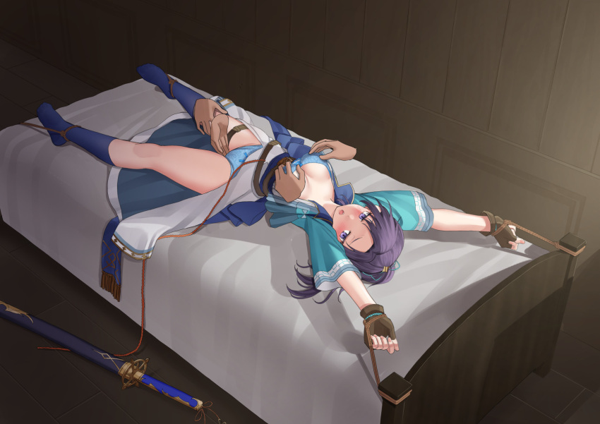 1girls alternate_costume bare_legs bed blue_panties blush bondage bound bra breast_grab breasts breasts_out double_breast_grab embarrassed female female_focus femsub fingering fingering_partner fingerless_gloves fir_(fire_emblem) fire_emblem fire_emblem:_the_binding_blade fire_emblem_heroes gloves groping hands_everywhere indoors japanese_clothes kneehighs large_breasts leg_grab legs medium_hair molestation nintendo official_alternate_costume on_back on_bed open_mouth panties ponytail purple_eyes purple_hair rape restrained rope short_sleeves solo_focus stationary_restraints sword thigh_grab underwear vaginal_penetration weapon yuzu_koshou_(yuzukosyooisi)