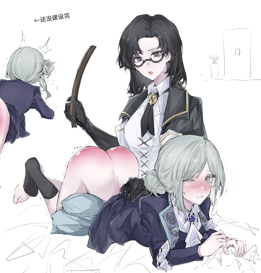 absurdres black_eyes black_hair black_jacket black_scarf blush femdom glasses gloves grey_eyes highres jacket quiver reverse:1999 ruler scarf socks spanked spanking suit tan_kuten tears vertin_(reverse:1999) white_hair yuri z_(reverse:1999)