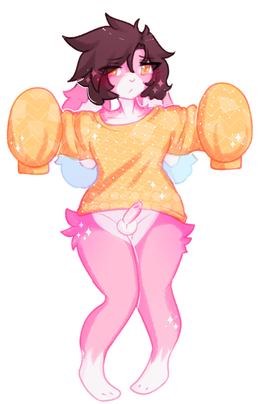 1boy absurd_res anthro balls clothing femboy feminine_male floppy_ears furry genitals girly hi_res knock-kneed lagomorph leporid lop_ears male male_only mammal moffuru oversized_clothing oversized_sweater oversized_topwear penis pink_body pink_fur rabbit raised_arms remmy_(remybunny) solo sweater topwear