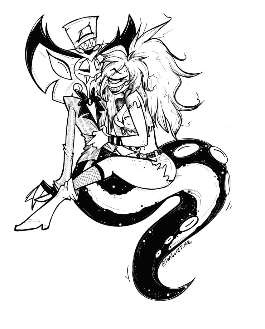 1boy 2024 2d black_and_white blushing breasts cherri_bomb_(hazbin_hotel) colorless cyclops embrace eyes female fishnets freckles hair hat hazbin_hotel monochrome nipples shoes sir_pentious_(hazbin_hotel) smiling snake straight teeth twiggietime vivienne_medrano watermark wholesome