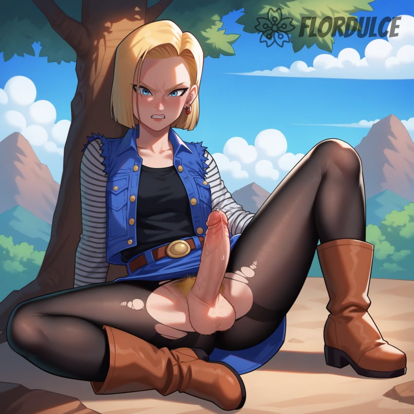 ai_generated android_18 annoyed annoyed_expression balls belt black_pantyhose black_shirt blonde_hair blue_eyes blue_skirt boots brown_boots clenched_teeth denim_vest dragon_ball_z erect_penis erection flordulce futa_only futanari landscape long_sleeves outdoors pantyhose penis precum pubic_hair ripped_pantyhose short_hair sitting skirt solo_futa spread_legs striped_sleeves testicles