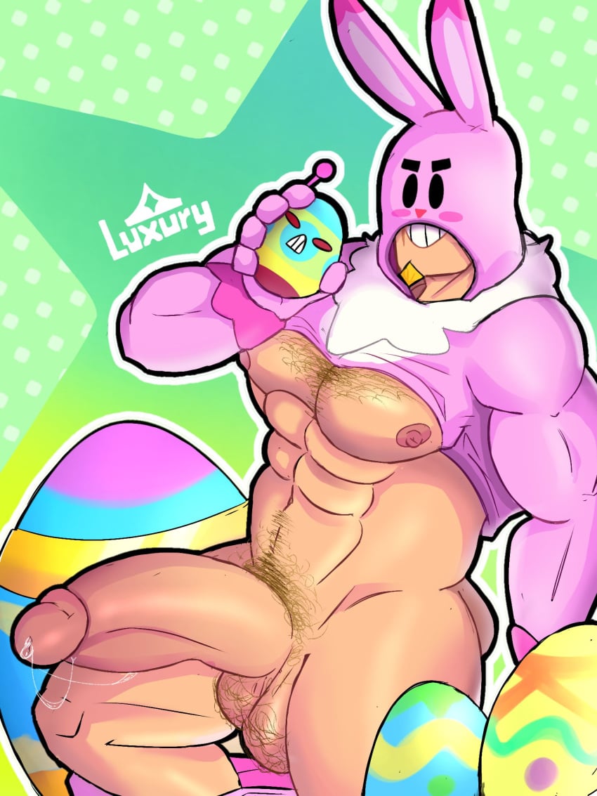 1boy abs artist_name balls bara big_balls big_penis bodysuit brawl_stars bunny_costume bunny_ears bunny_grom bunnysuit chest_hair easter erection gay grom_(brawl_stars) hairy_balls luxury_ar male_focus muscles muscular muscular_male pecs precum precum_drip pubic_hair solo solo_male