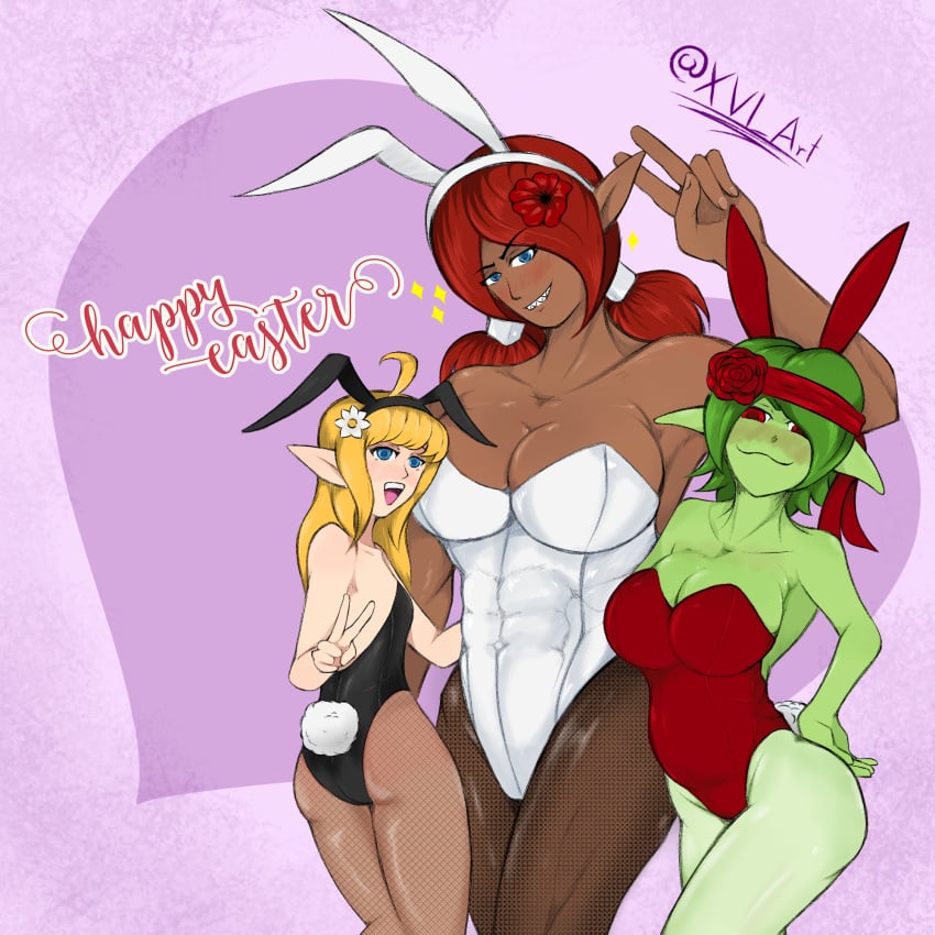 3girls :3 abs ahoge big_breasts big_butt black_leotard blonde_hair blue_eyes bunny_ears bunny_girl bunny_tail bunnysuit camila_silverdew chubby_female dark-skinned_female dark_skin easter english_text female_only flower flower_in_hair green_hair green_skin green_skinned_female headband hibiska_silverdew light-skinned_female light_skin long_hair looking_at_viewer moxy_silverdew muscular_female nymph pantyhose peace_sign petite petite_female pointy_ears ponytails presenting_butt red_eyes red_hair red_leotard rose rose_(flower) ruza self_upload shark_teeth short_hair signature simple_background small_breasts smiling smiling_at_viewer smug_face thighs white_leotard xvi