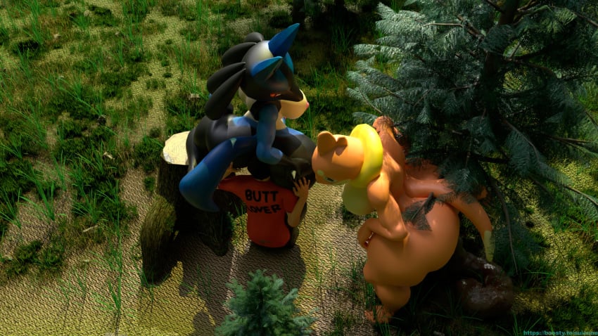 16:9 anthro ass big_butt buizel facesitting feces female forest generation_4_pokemon hi_res lucario male male/female nintendo plant pokemon pokemon_(species) scat scat sitting_on_another suicune_queen_(artist) tree wide_hips widescreen