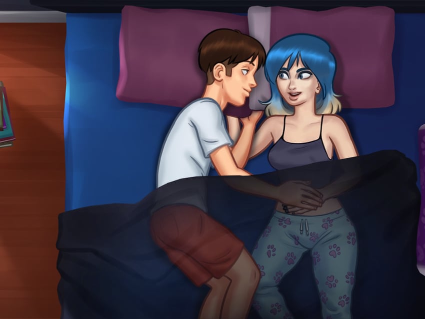 1boy 1girls 2d 2d_(artwork) bed bed_sheet bedroom blanket blue_hair brown_hair clothed clothing couple darkcookie digital_drawing_(artwork) digital_media_(artwork) duo erect_nipples erect_nipples_under_clothes eve_(summertime_saga) female hand_on_stomach horny horny_female horny_male laying_down laying_on_back light-skinned_female light-skinned_male light_skin looking_at_another looking_at_partner main_character_(summertime_saga) male male/female nipples nipples_visible_through_clothing on_back pyjamas see-through smile smiling smirk smirking summertime_saga tank_top teenage_girl teenager two_tone_hair viewed_from_above