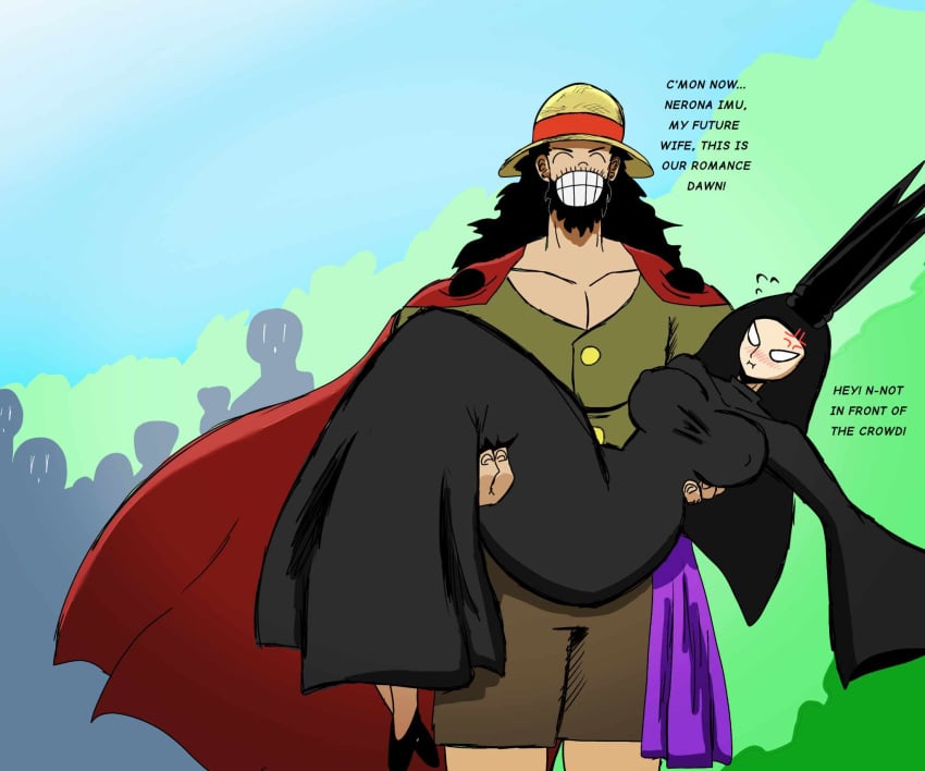 1boy 1girls angry_face artist_request black_clothing blush cape carrying carrying_partner crown dress female female_focus highouter34 imu_(one_piece) joyboy_(one_piece) king male one_piece queen shitpost smile voluptuous