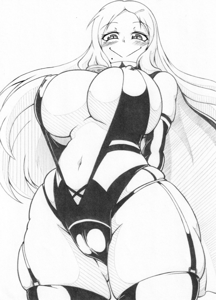 1girls arms_behind_back ass_visible_through_thighs beauty_mark blush cameltoe cape elbow_gloves eyebrows_visible_through_hair female garter_straps ha_jin hairclip large_breasts light-skinned_female light_skin long_hair looking_at_viewer looking_down monochrome navel nipple_bulge nipples pencil_(artwork) senran_kagura shiki_(senran_kagura) simple_background skindentation smile solo standing thick_thighs thighhighs white_background