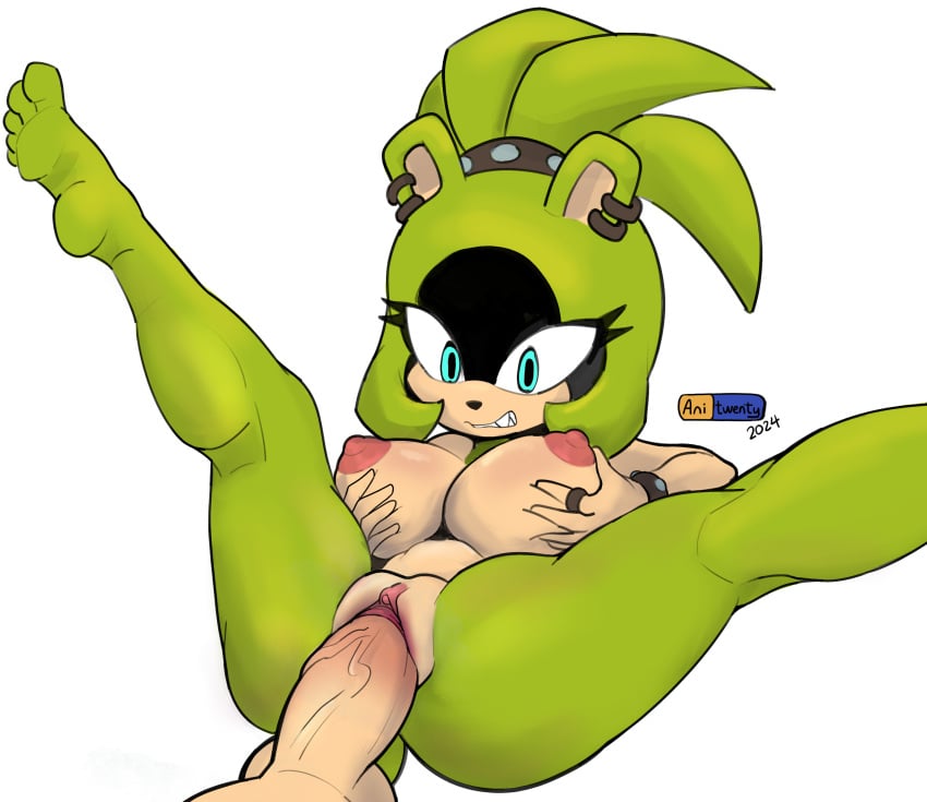 absurd_res afrosoricid anitwenty anthro areola barefoot big_areola blue_eyes bottomless bottomless_anthro bottomless_female breast_grab breasts clitoral_hood clitoris clothed clothing ear_piercing ear_ring feet female front_view genitals green_body green_hair green_skin hair hand_on_breast hi_res idw_publishing legs_up looking_through looking_through_legs mammal nipples nude penetration penis piercing presenting ring_piercing sega sex simple_background solo solo_focus sonic_(series) sonic_the_hedgehog_(comics) sonic_the_hedgehog_(idw) sonic_the_hedgehog_(series) spread_legs spreading surge_the_tenrec tenrec vaginal_penetration white_background