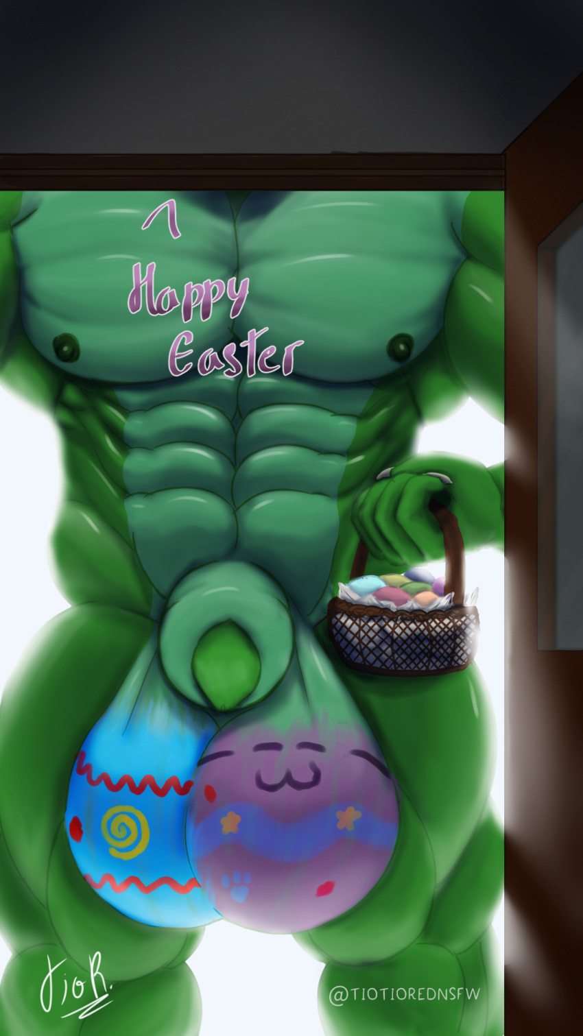 16:9 2024 abs animal_genitalia anthro balls basket biceps big_balls big_muscles big_penis bodypaint claws container dialogue digital_media_(artwork) door dragon easter easter_egg egg english_text genitals green_balls green_body green_penis green_skin hi_res holidays hyper leg_muscles male male_only muscular muscular_anthro muscular_male mythological_creature mythological_scalie mythology nipples nude open_door outside painted_balls pecs penis penis_tip scalie sheath signature solo solo_male text tiotiored widescreen wingless_dragon