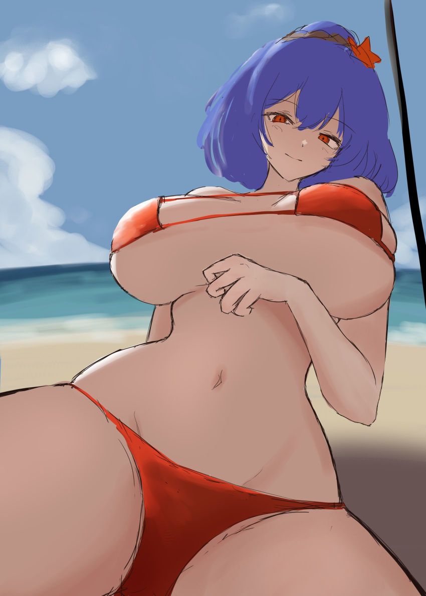 1girls 2d beach belly belly_button big_breasts bikini bikini_only breasts female goddess hair_ornament hourglass_figure kanako_yasaka looking_at_viewer lying lying_on_back moriforest1040 outdoors purple_hair red_eyes short_hair smile solo source swimsuit swimwear swimwear_only touhou yasaka_kanako