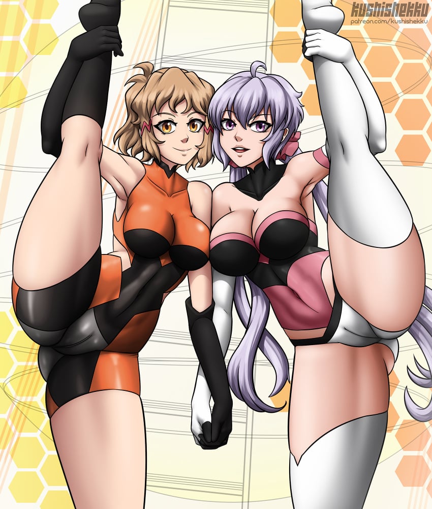 2020 2girls arm_length_gloves cameltoe holding_hands kushishekku large_breasts navel_visible_through_clothes patreon_url raised_leg senki_zesshou_symphogear skin_tight tachibana_hibiki_(symphogear) tagme thick_thighs thighhighs vertical_splits wide_hips yukine_chris