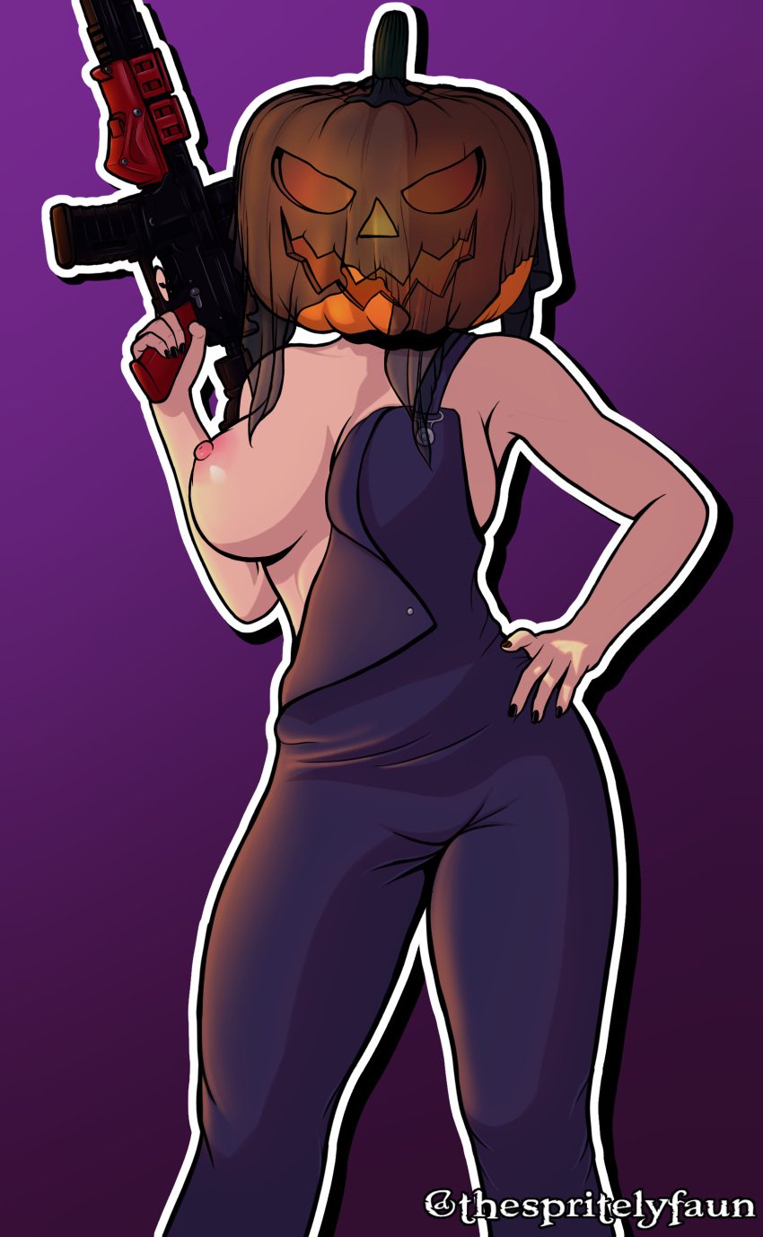 1girls black_nails covered_face face_covered female female_only gun halloween halloween_costume jack-o'-lantern medium_breasts nokk_(rainbow_six) one_breast_out painted_nails posing_with_weapon purple_background rainbow_six_siege solo solo_female thespritelynfaun weapon