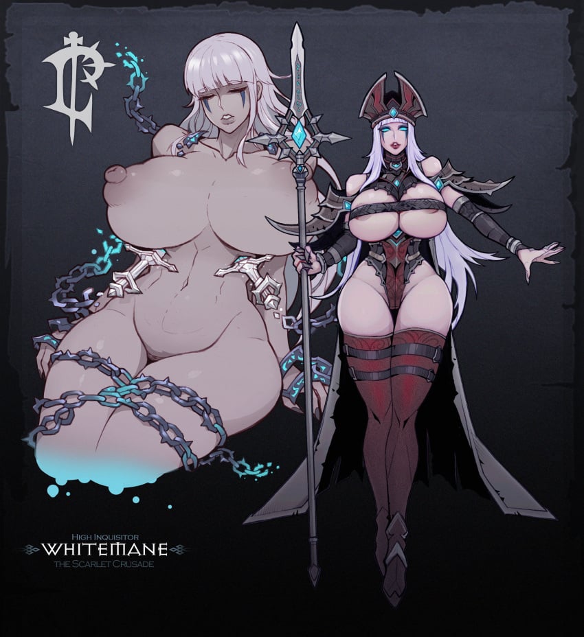 absurdres armor axe bikini_armor boots breasts chains garter_straps gigantic_breasts glowing glowing_clothes glowing_eyes high_heel_boots high_heels highleg highres l_axe leotard nipples nude sally_whitemane scarlet_crusade staff thighhighs warcraft white_hair wizard world_of_warcraft