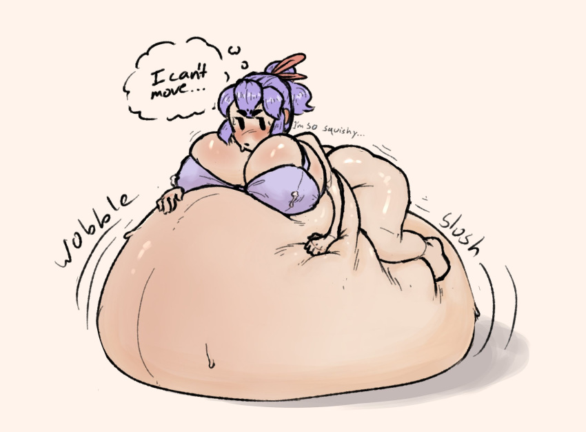 1girls belly big_breasts bloated_belly bra breasts female huge_belly immobile shabingad text thighs thought_bubble water_weight