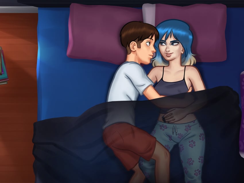 1boy 1girls 2d 2d_(artwork) bed bed_sheet bedroom blanket blue_hair brown_hair clothed clothing couple darkcookie digital_drawing_(artwork) digital_media_(artwork) duo erect_nipples erect_nipples_under_clothes eve_(summertime_saga) female hand_on_stomach laying_down laying_on_back light-skinned_female light-skinned_male light_skin looking_at_another looking_at_partner main_character_(summertime_saga) male male/female nipples nipples_visible_through_clothing on_back pyjamas see-through smile smiling smirk smirking summertime_saga tank_top teenage_girl teenager two_tone_hair viewed_from_above