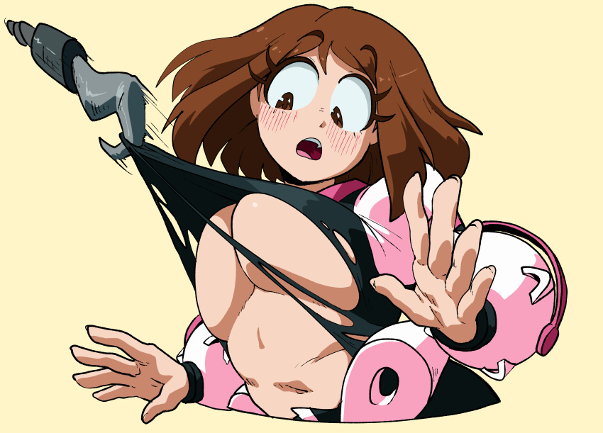 1girls assisted_exposure blush bodysuit brown_eyes brown_hair chubby coolerinker exposed_breasts hero_outfit_(mha) hook inker_comics inkershike large_breasts midriff my_hero_academia navel no_bra ochako_uraraka pulling_clothing short_hair slightly_chubby surprised topless torn_bodysuit torn_clothes underboob wardrobe_malfunction