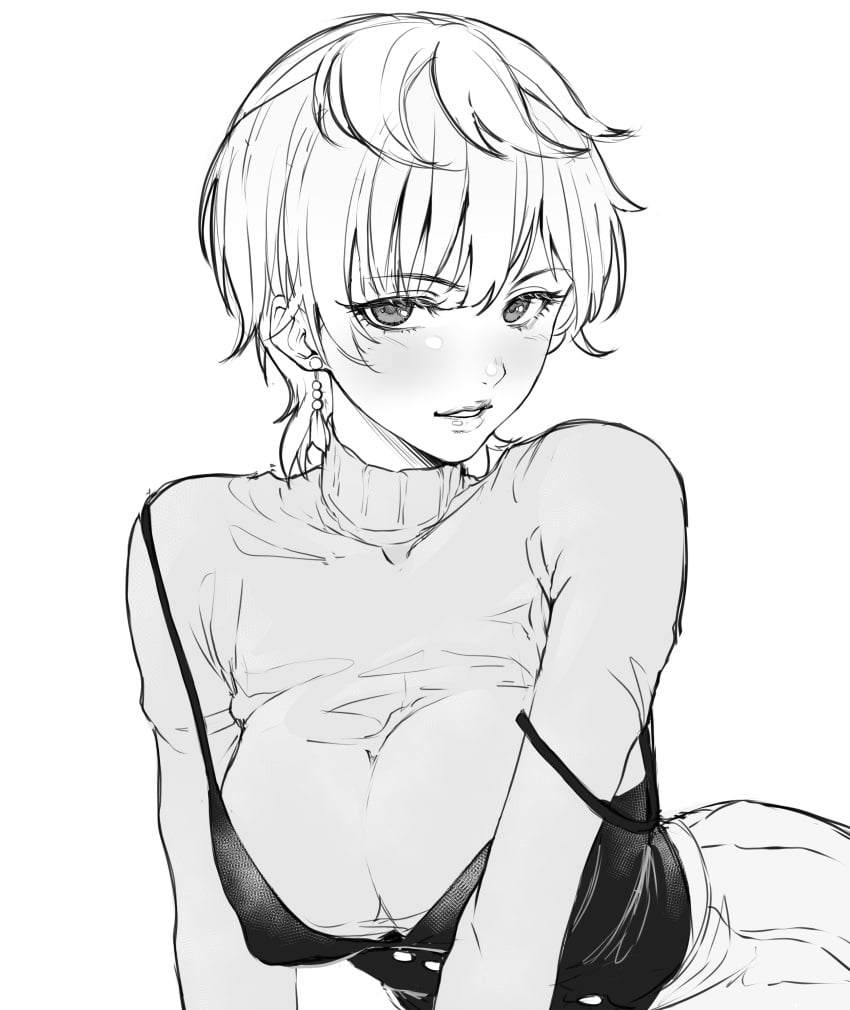 earring izumo_tenka kerana_art large_breasts looking_at_viewer mato_seihei_no_slave monochrome short_hair single_earring sweater