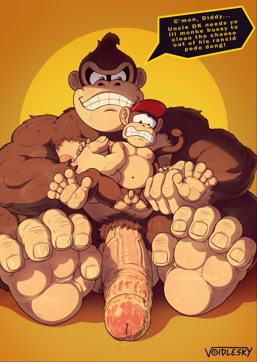 age_difference balls bodily_fluids body_hair clothing crying diddy_kong donkey_kong donkey_kong_(series) drooling feet foreskin genitals hairy_balls hat hat_only headgear headgear_only headwear headwear_only hi_res incest male male/male monkey_feet mostly_nude nephew nintendo nipple_fetish nipple_pinch nipple_play nipples penis pinch primate pubes saliva size_difference smegma tears uncle uncle_and_nephew vein veiny_penis voidlesky yaoi