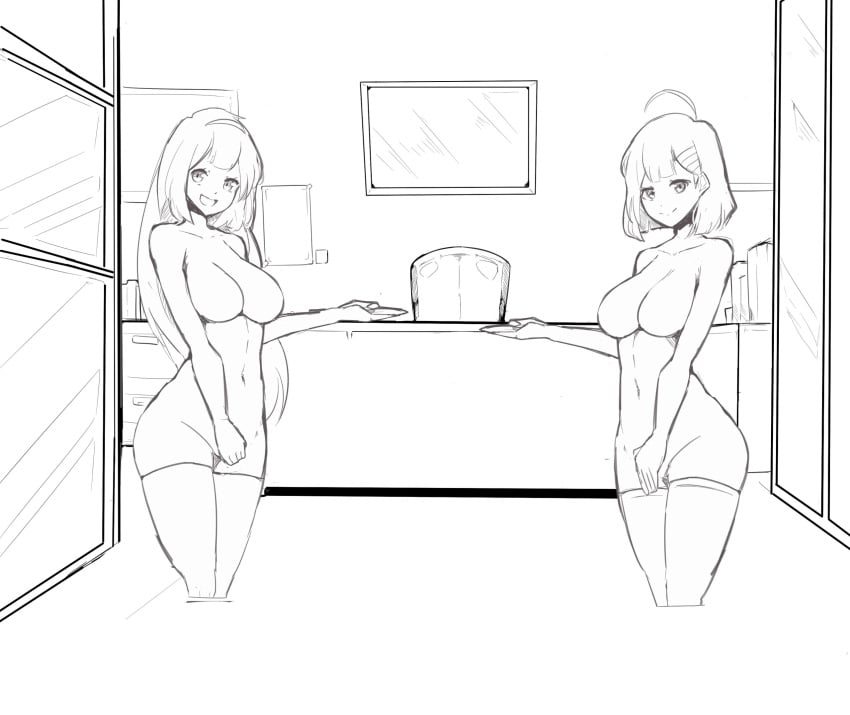 2girls artist_request hod_(lobotomy_corporation) imminent_sex inviting inviting_to_sex library_of_ruina lobotomy_corporation long_hair malkuth_(lobotomy_corporation) no_color nude nude_female office project_moon short_hair sketch source_request thick_thighs thighhighs