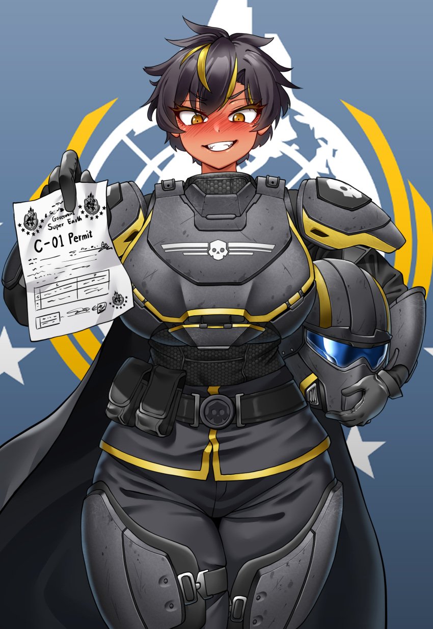 1girls armor c-01_permit dark-skinned_female dark_skin female female_focus female_only female_soldier helldivers helldivers_2 hitch_(hitch_driessen/perotoss400/kirochef) military military_uniform no_sex rokmc_chan short_hair soldier tan_body tanned tomboy