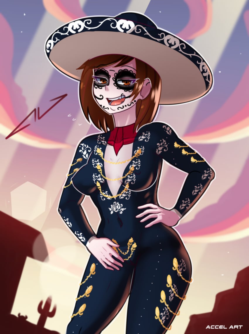 1girls accelart bodypaint brown_eyes brown_hair curtains_match_windows dia_de_los_muertos female hat jewelry latina mexican mexico-chan_(accelart) nude open_mouth painted_clothes smile smug solo sombrero standing