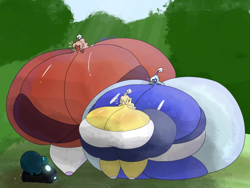 3girls ass_bigger_than_head bigger_female blue_pikmin boob_window breasts_bigger_than_head casual casual_nudity clothed female hyper_ass hyper_breasts multiple_girls nimrod_36 no_bra oc pikmin pikmin_(species) red_pikmin shortstack sideass sideboob smaller_female smaller_male teasing yellow_pikmin