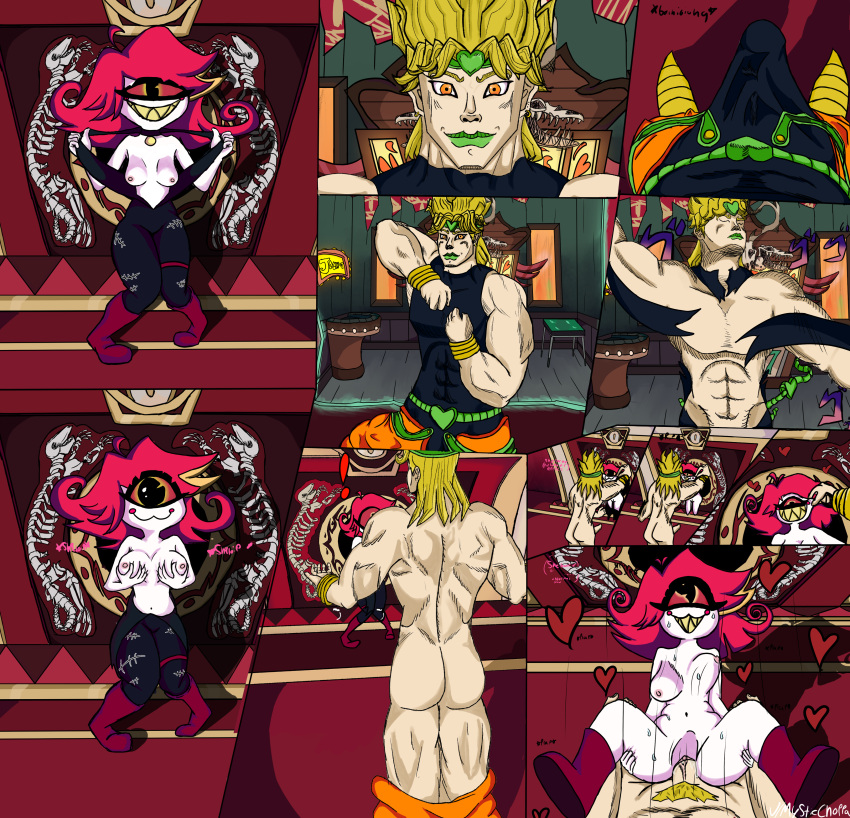 (meme) ass blush breast clothing crossover dio_brando erection exclamation hair hazbin_hotel heart holding jojo's_bizarre_adventure lines menacing motion mysticchoppa niffty penis point pov pubic pupils red ripped ripping shrinking skin smiling sound_effects teeth vivienne_medrano white yellow