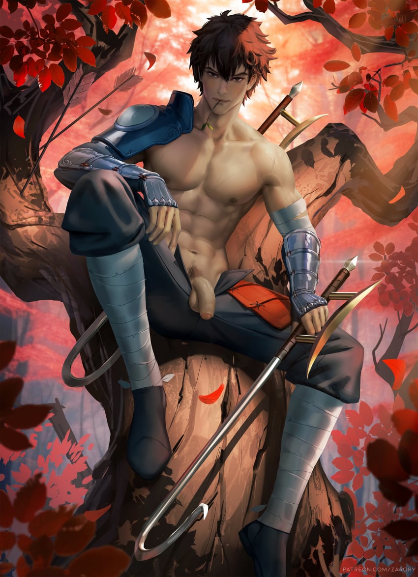 1boy abs armor avatar_legends avatar_the_last_airbender bandaged_arm brown_eyes brown_hair brown_pubic_hair flaccid flaccid_penis grey_pants jet_(avatar) male male_only nonbender shirtless solo_male stick tan_skin trees zarory