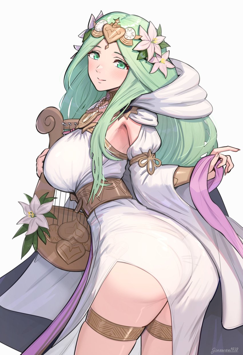 1girls ass breasts dress fire_emblem fire_emblem:_three_houses fire_emblem_heroes flower from_behind gonzarez green_eyes green_hair grey_background hair_flower hair_ornament harp highres holding holding_instrument instrument large_breasts long_hair looking_at_viewer looking_back official_alternate_costume pantylines rhea_(aura_of_love)_(fire_emblem) rhea_(fire_emblem) simple_background skindentation solo thigh_strap white_dress