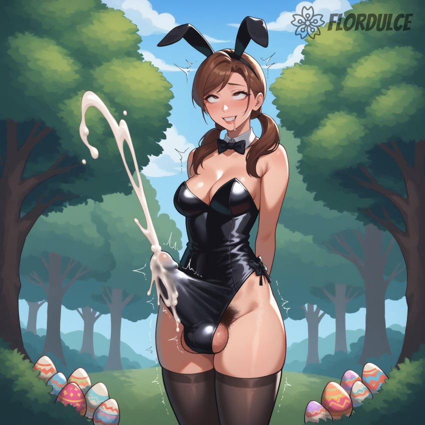 ahe_gao ai_generated balls brown_eyes brown_hair bunny_ears bunny_girl bunnysuit clenched_teeth covered_penis cum cum_on_clothes cum_through_clothes cumming cumshot drool drooling easter easter_egg ejaculation ejaculation_under_clothes erect_penis erection erection_under_clothes erection_under_clothing flordulce futa_only futanari orgasm outdoors penis pubic_hair pubic_hair_peek rolling_eyes solo_futa standing testicles trembling twintails