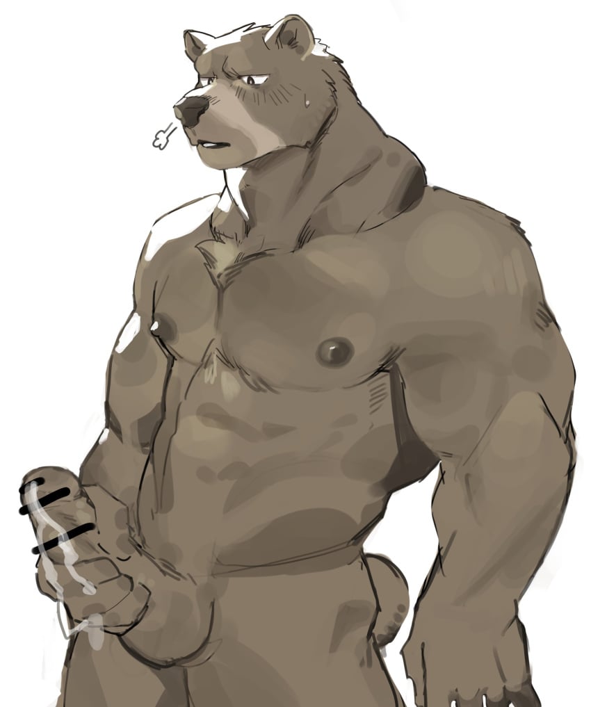 anthro bear biceps brown_body dark_nipples ejaculation erection genitals hi_res looking_aside male male_only mammal masturbation muscular muscular_male penis short_tail simple_background solo standing standing_masturbation tail tokuni white_background