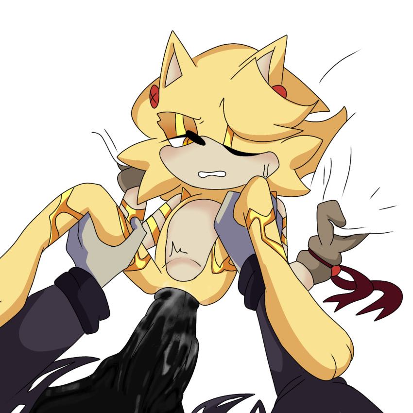 anthro_on_anthro anthromorph belly_bulge big_penis bottle bottomless bottomless_male bulge furry gloves gold_(metal) gold_eyes gold_jewelry gripping_sheets half-dressed hedgehog kyofu_(sonic.exe) laying_down leg_grab leg_up legs_apart naked smaller_male smaller_penetrated sonic.exe_(series) spread_legs staring_at_penis topless yellow_eyes yellow_fur yokubo_(sonic.exe)