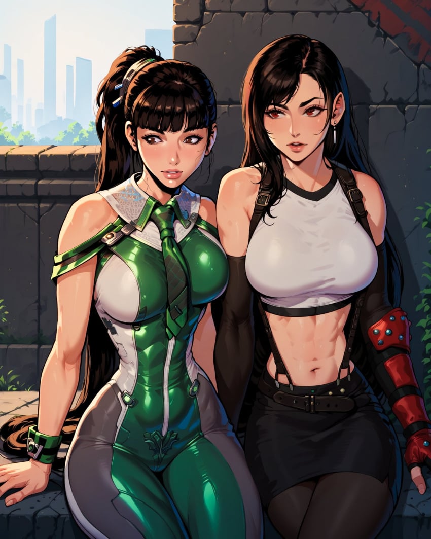 1girls 2d 2d_(artwork) abs absurdres ai_generated ass ass_focus black_hair blunt_bangs bodysuit breasts brown_eyes clothed clothed_female earrings eve_(stellar_blade) female female_focus female_only final_fantasy final_fantasy_vii final_fantasy_vii_remake fully_clothed gloves green_bodysuit grey_gloves hair_ornament hazzaniart hi_res high_resolution highres large_breasts long_hair looking_at_viewer looking_down open_mouth pants planet_diving_suit_(7th)_(stellar_blade) ponytail red_eyes silver_bodysuit simple_background solo solo_female solo_focus square_enix stellar_blade thighhighs thighs tifa_lockhart tight_clothes tight_pants two-tone_bodysuit very_long_hair