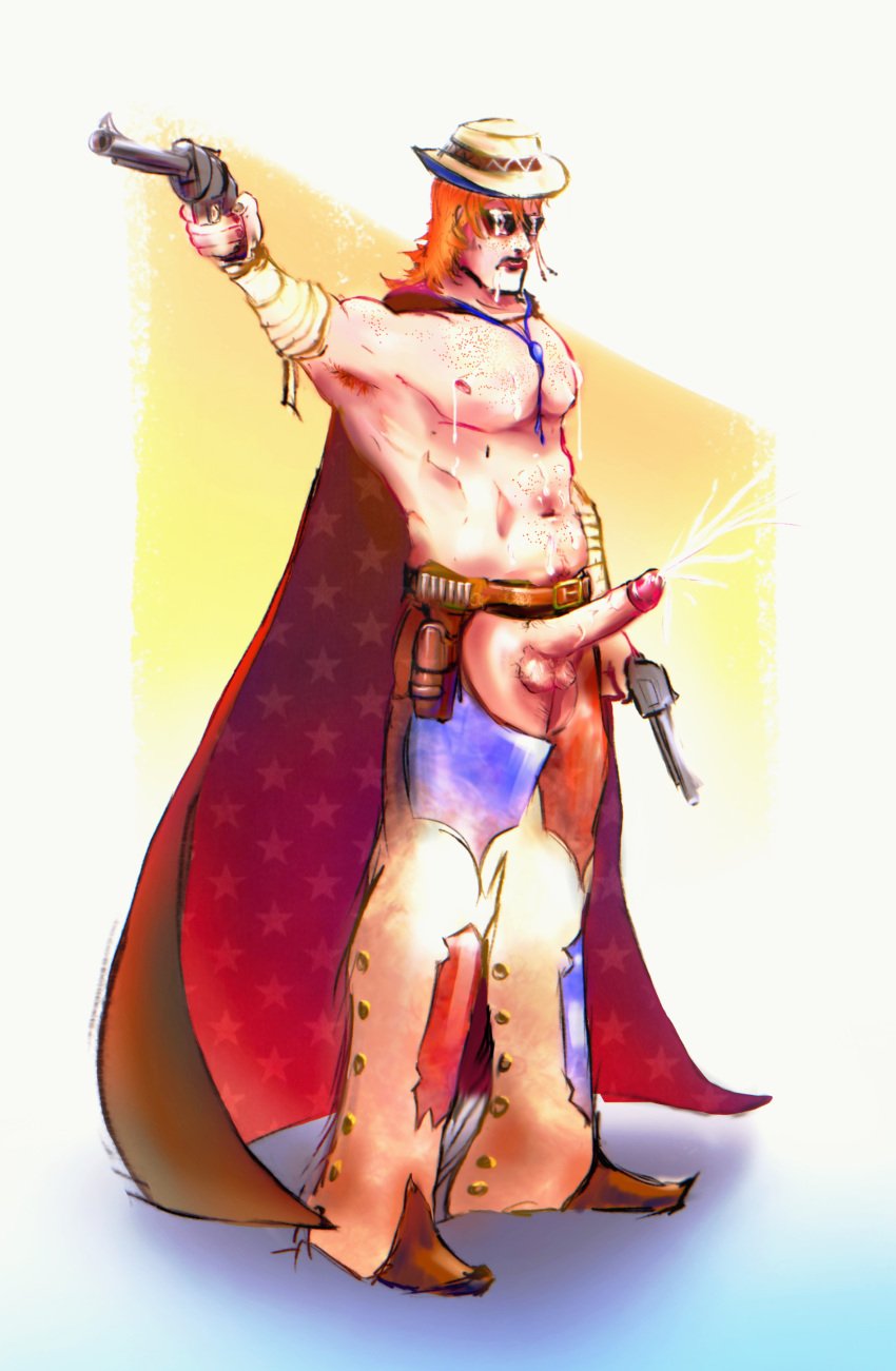 brawl_stars buster_(brawl_stars) casual cowboy cum cumming cumming_from_handjob daddy firearm freckles freckles_on_chest freckles_on_face gay ginger ginger_male gun hairy_armpits handgun human leather_clothing male male_focus male_only pale_skin revolver solo solo_male weapon