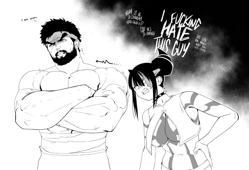 1boy1girl 1girls beard big_breasts black_and_white breasts busty curvaceous curvy curvy_body curvy_female curvy_figure female huge_breasts juri_han large_breasts pomki ryu_(street_fighter) street_fighter street_fighter_6 tsundere voluptuous