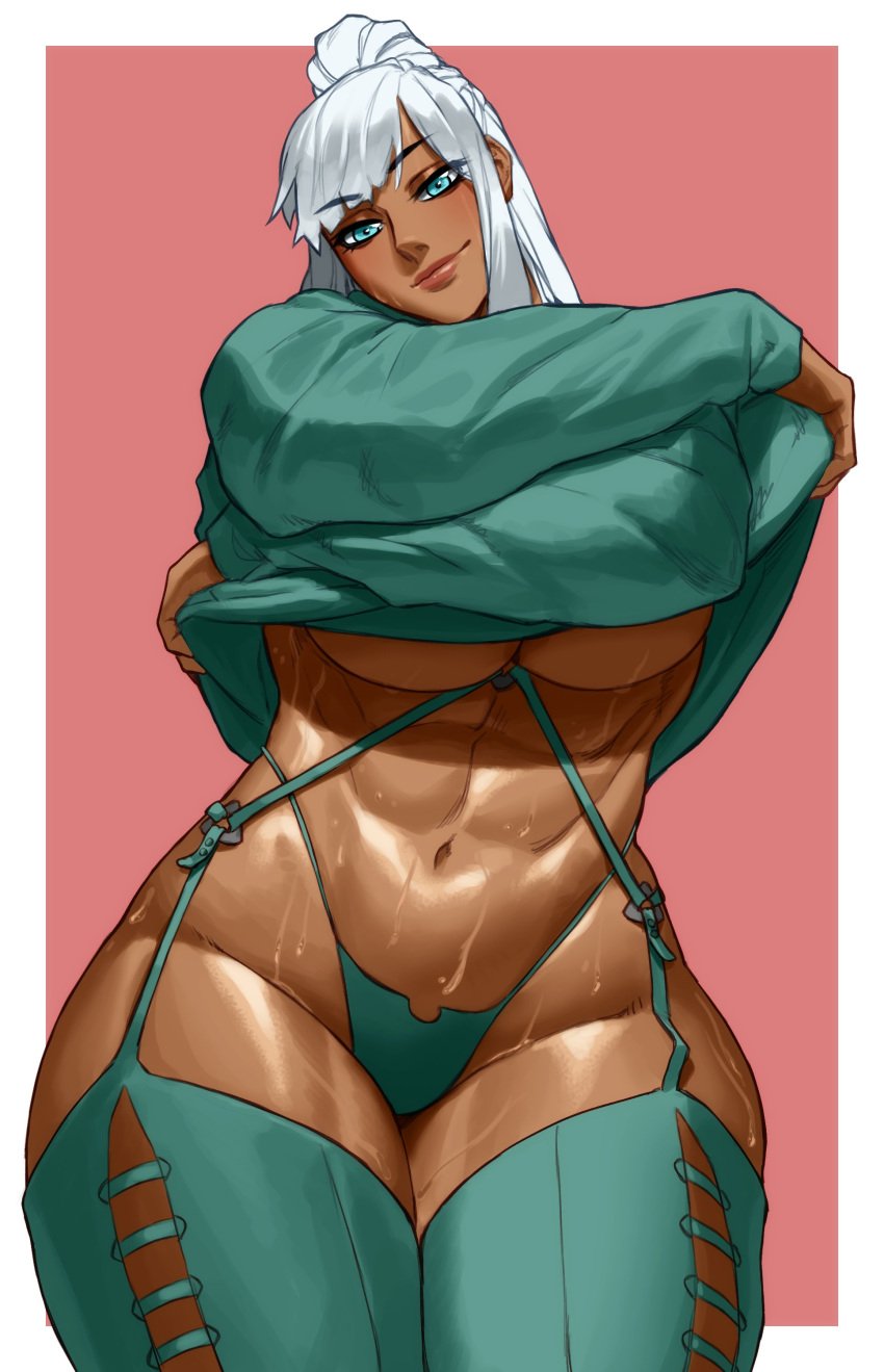 1girls abs blue_eyes commission dark-skinned_female dark_skin female female_only g-string garter_straps legwear looking_at_viewer muscular muscular_female smiling smiling_at_viewer solo sotcho sweat thick_thighs tian_xiaoxiao underboob undressing very_high_resolution white_hair