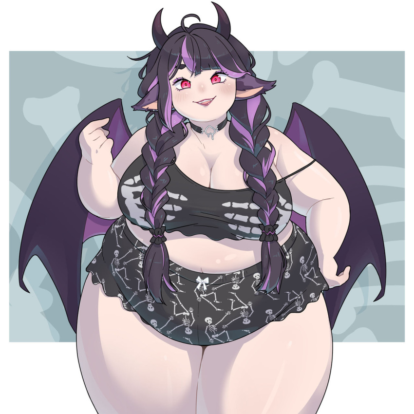 1girls bbw belly belly_overhang big_belly big_breasts big_hips big_legs big_thighs choker chubby chubby_arms chubby_belly chubby_cheeks chubby_female curvy curvy_figure demon_girl demon_horns demon_wings fat_legs fat_thighs female_human front_view huge_thighs large_breasts large_thighs moomo_(morningpanda) morningpanda pajamas plump puffy_cheeks red_eyes simple_background solo_female thick_eyebrows thick_thigh thick_thighs top voluptuous voluptuous_female wide_hips wings