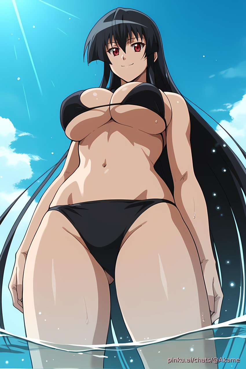 ai_generated aichat akame_(akame_ga_kill!) akame_ga_kill! bikini black_hair candid female girl large_breasts legs_in_water long_hair neach pinku pinku.ai pinkuai red_eyes smile sunlight