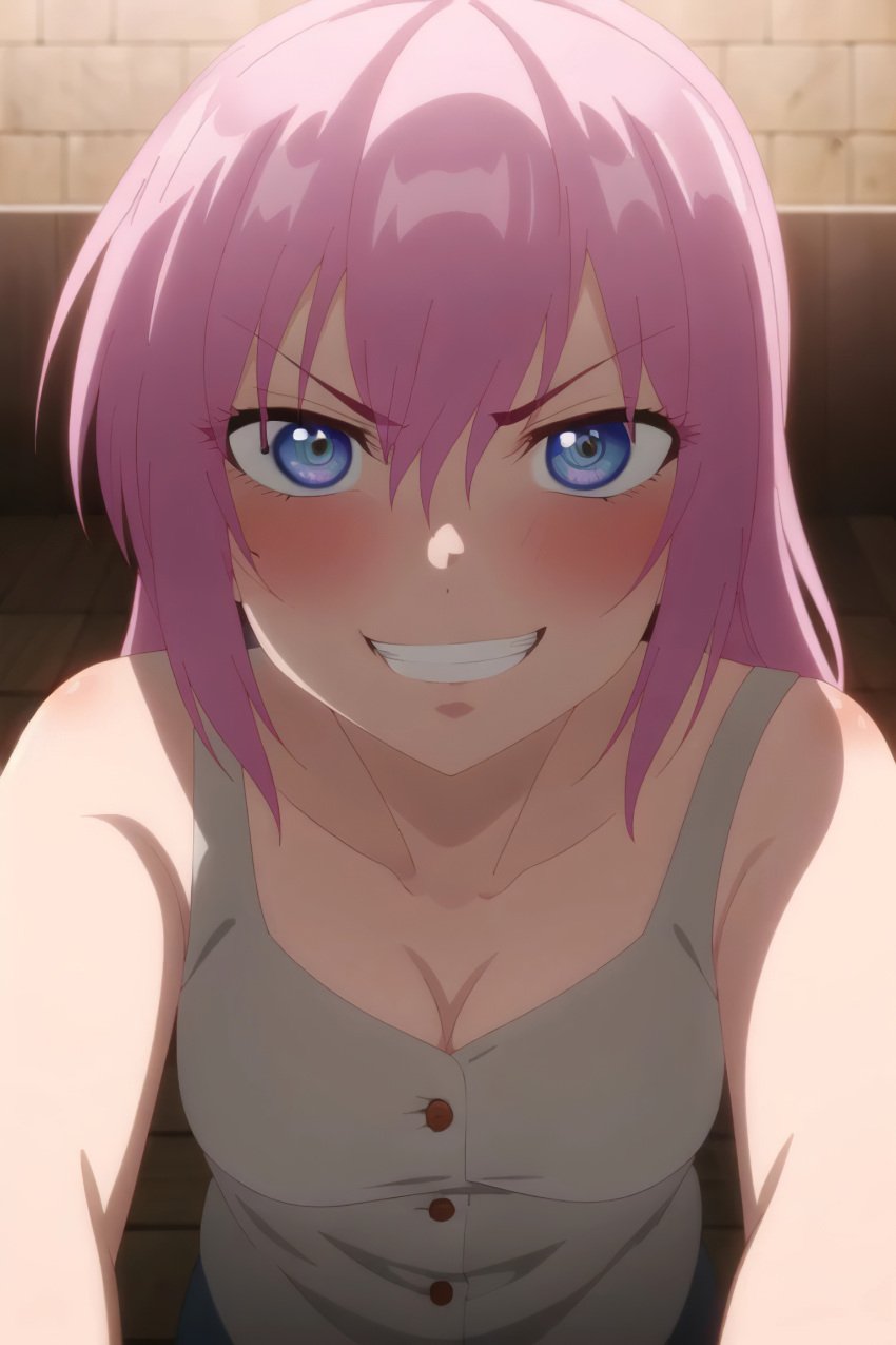 1female 1girls ai_generated blue_eyes blue_eyes_female breasts clothed clothed_female clothing commentary_request english_commentary female female_focus female_only hi_res highres indoors kawaii_dake_ja_nai_shikimori-san light-skinned_female light_skin looking_at_viewer pink_hair pink_hair_female sfw shikimori_(kawaii_dake_ja_nai) shikimori_micchon smile smiling smiling_at_viewer solo solo_female solo_focus very_high_resolution