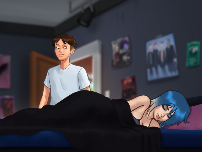 1boy 1girls 2d 2d_(artwork) bed bed_sheet bedroom blanket blue_hair brown_hair clothed clothing couple darkcookie digital_drawing_(artwork) digital_media_(artwork) duo eve_(summertime_saga) female light-skinned_female light-skinned_male light_skin main_character_(summertime_saga) male male/female sleeping summertime_saga teenage_girl teenager two_tone_hair