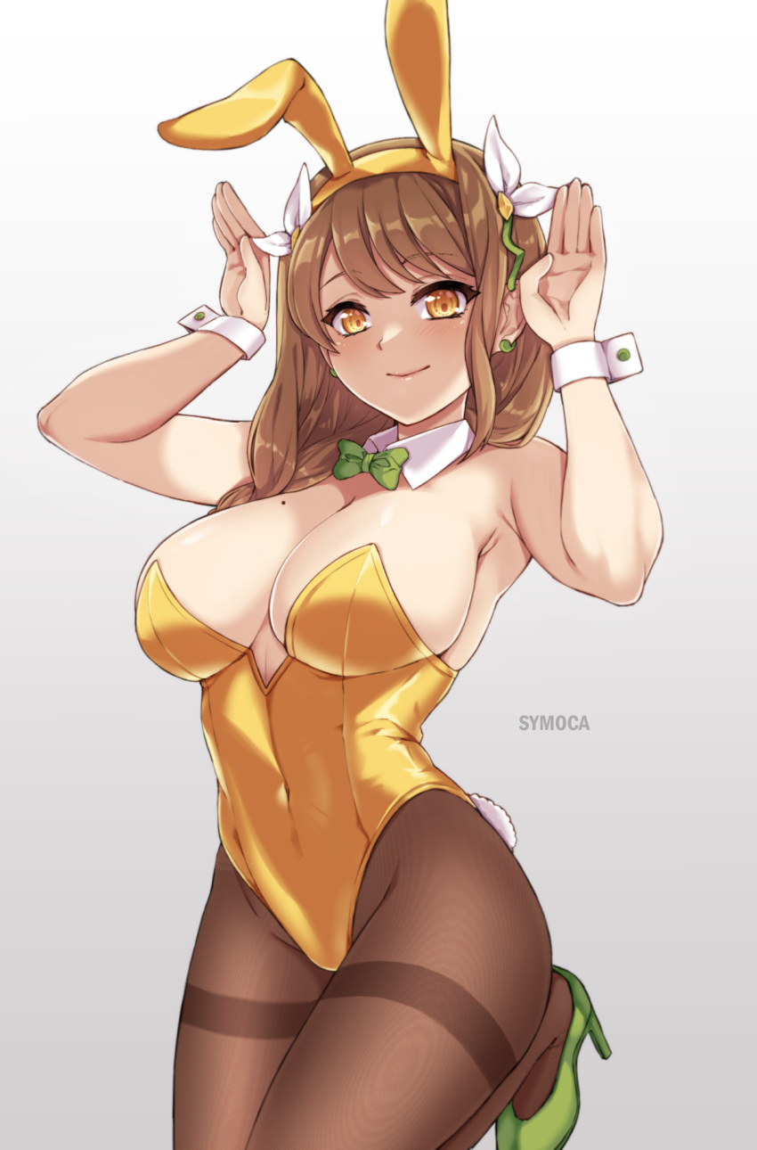 1girls alternate_costume animal_ears armpits braid braided_ponytail breasts brown_hair bunny_ears bunny_girl bunnysuit cleavage fake_animal_ears fake_tail female female_only fire_emblem fire_emblem_engage goldmary_(fire_emblem) green_footwear highres large_breasts leotard long_hair looking_at_viewer low_ponytail mole mole_on_breast nintendo pantyhose playboy_bunny rabbit_ears rabbit_tail ribbon solo symoca tail white_ribbon white_wrist_cuffs wrist_cuffs yellow_eyes yellow_leotard