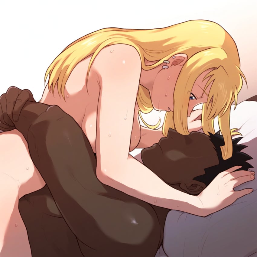 1boy 1girls abasta ai_generated bed blonde_hair blue_eyes blush breasts cheating completely_nude completely_nude_female cowgirl_position dark dark-skinned_male dark_skin fullmetal_alchemist hugging interracial intimate light-skinned_female long_hair looking_at_another looking_down love netorare nude nude_female sitting sitting_on_lap sitting_on_person smug winry_rockbell