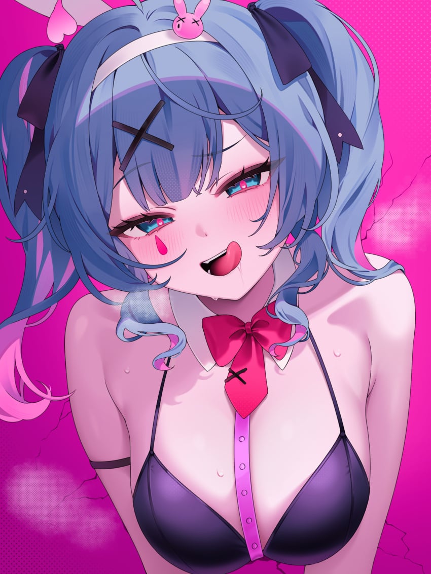 1girls animal_ears arm_strap bare_shoulders black_leotard blue_eyes blue_hair blush bow bowtie breasts bright_pupils chest_harness cleavage detached_collar facial fake_animal_ears female female_only hair_ornament hair_ribbon hairband harness hatsune_miku heavy_breathing hi_res highres large_breasts leotard licking long_hair looking_at_viewer medium_hair multicolored_hair naughty_face open_mouth playboy_bunny rabbit_ears rabbit_hole_(deco*27/caststation) rabbit_hole_(vocaloid) raised_eyebrows reel_(riru) ribbon smile solo spaghetti_strap sweat through_wall tongue tongue_out twintails two_tone_hair vocaloid x_hair_ornament